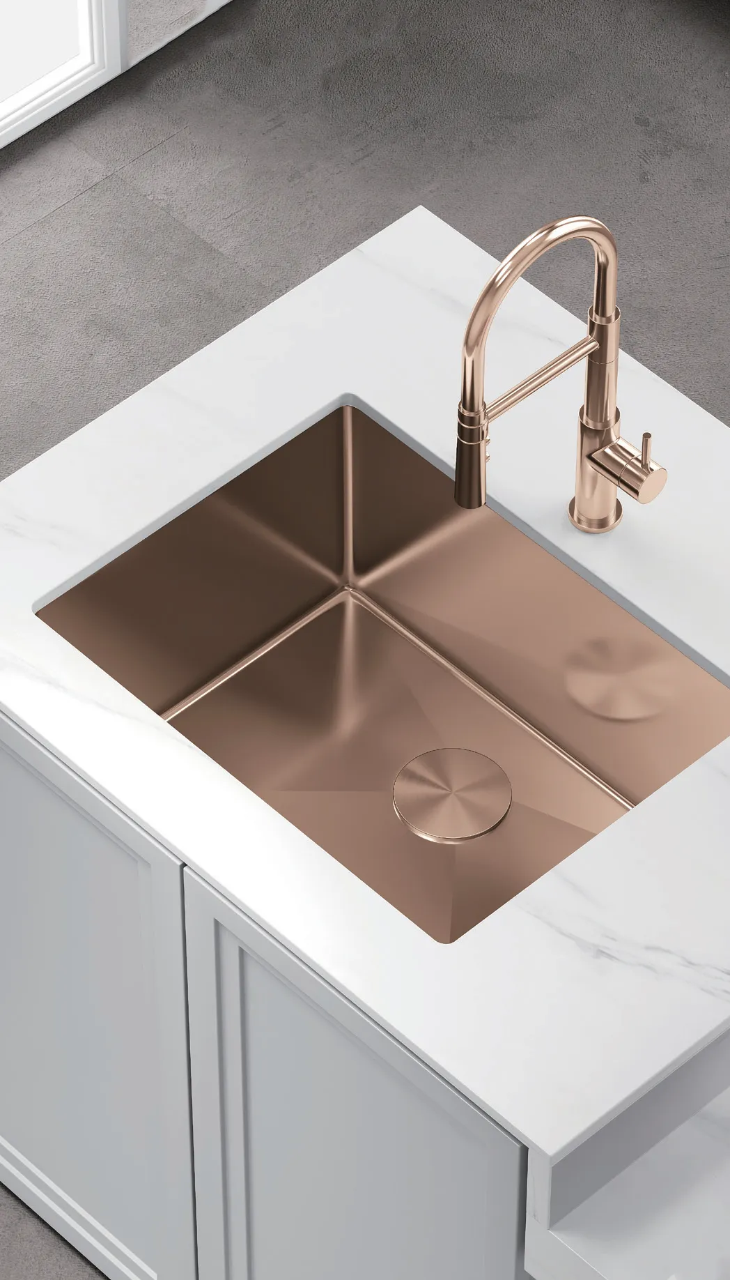 Minimalist black kitchen island with rectangular stainless steel sink, silver faucet, bright windows, white walls, and small plant decoration